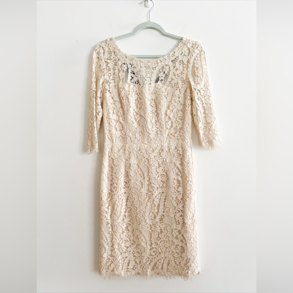 NICOLE MILLER Ivory Stretch Lace Bodycon Dress Size 8 With Black Tie On Back